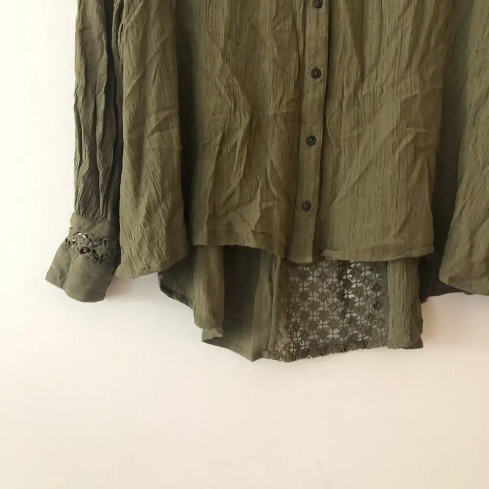 Free People The Best Crochet Back Olive Green Button Up Blouse